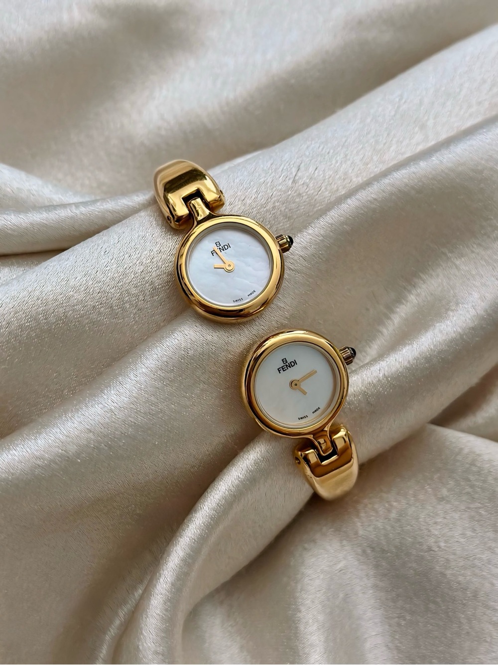 AUTHENTIC RARE VINTAGE FENDI DOUBLE DIAL MOTHER-OF-PEARL CUFF WATCH - WITH BOX